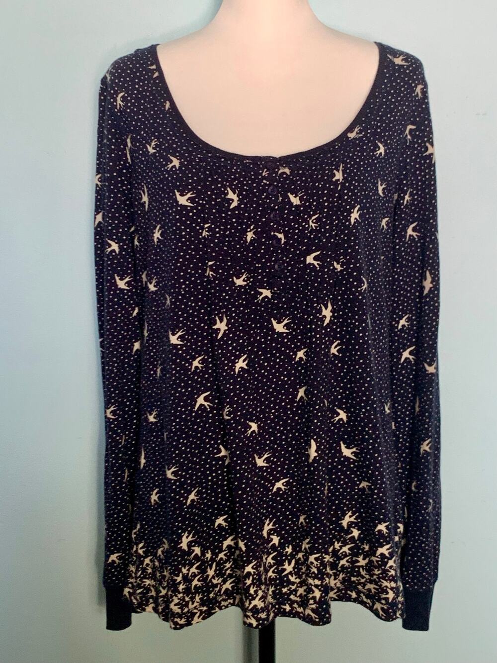 Fat Face Navy Scoop Neck Top with Birds Size 14/Large